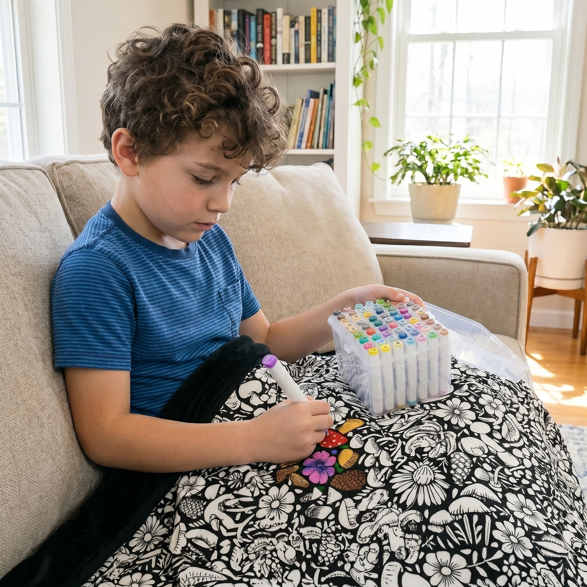 Child coloring on the blanket instead of the wall